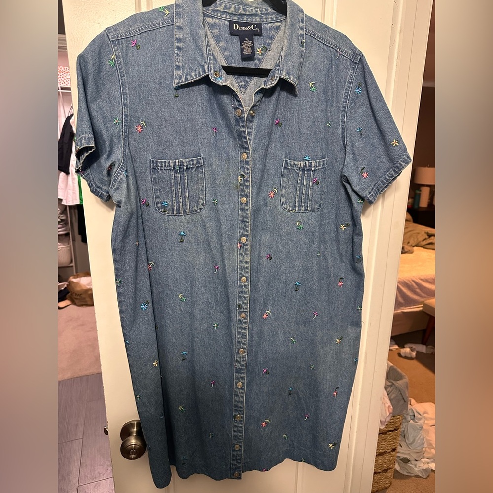 Vintage Denim & Co Maxi Dress Womens Dress Embroidery Flowers Snaps